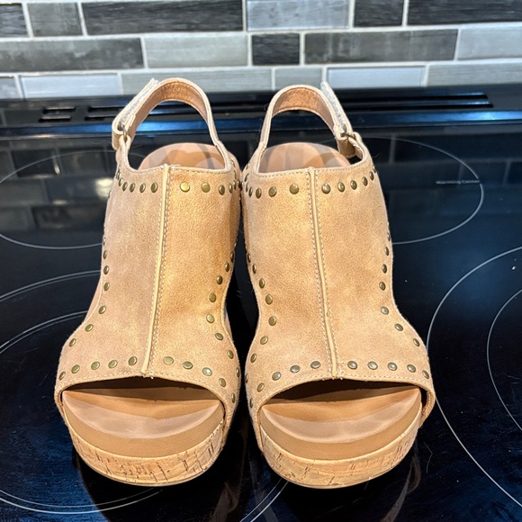Corkys Carley Tan Studded Wedge Sandals - Picture 2 of 9